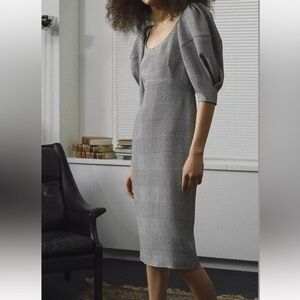 KHAITE Beatrice Puff Sleeve Houndstooth Print Sheath Dress in Black & White Sz 6